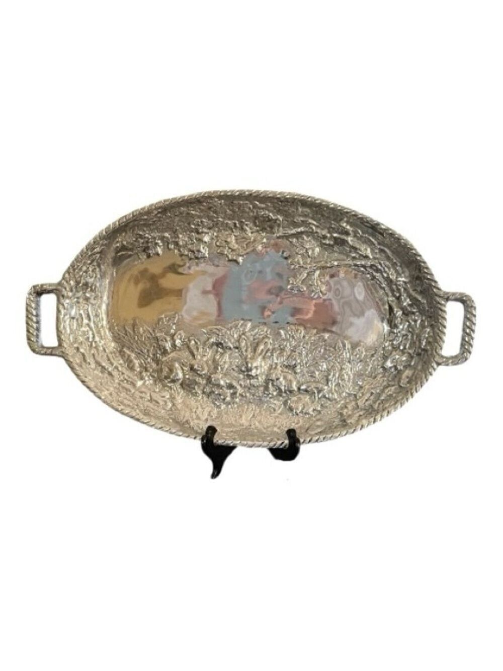 Sheridan Vintage Pewter Oval Serving Tray with Handles, Raised Rabbits Design.